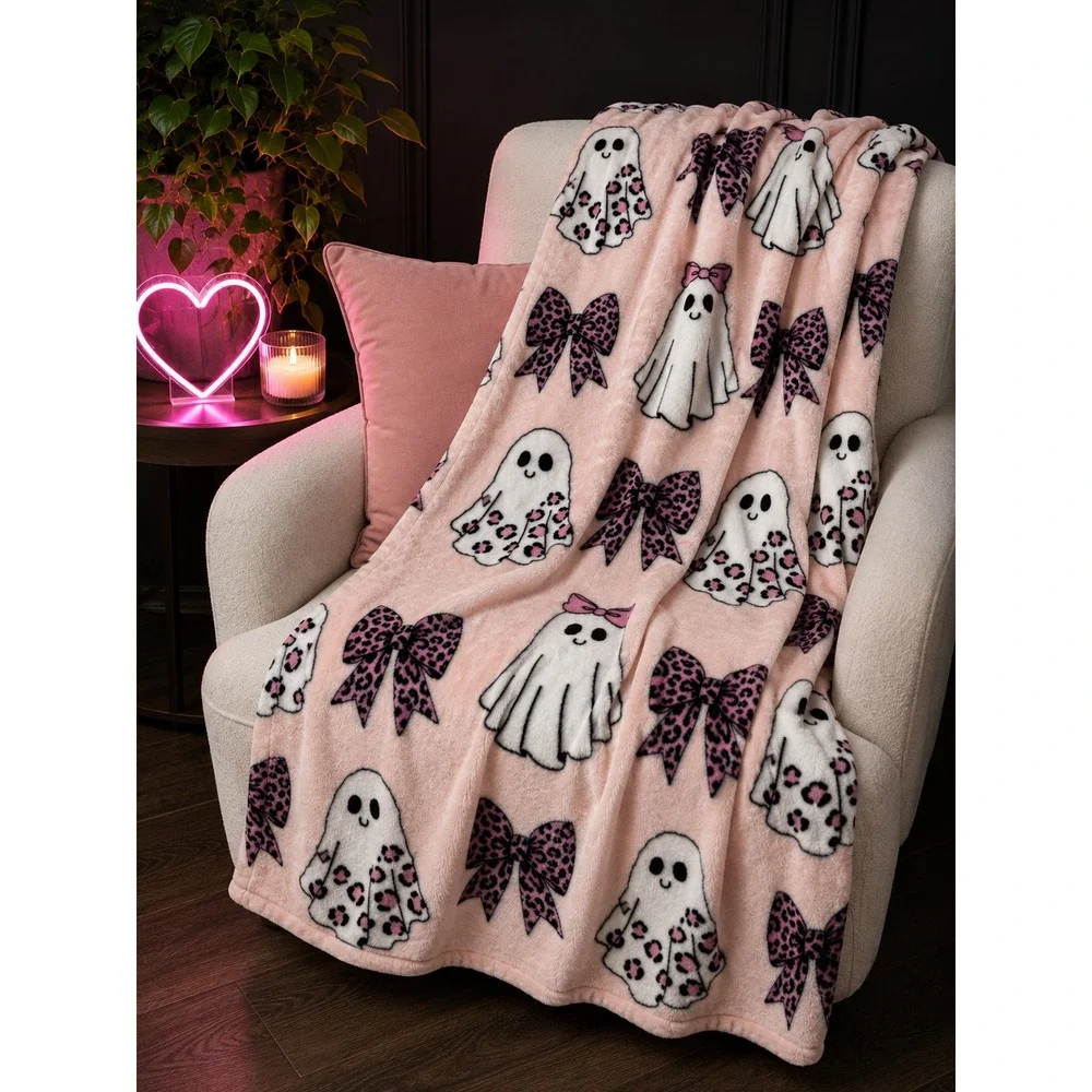 NWT Halloween Pink Ghost Plush Throw Blanket 60x70 Coquette Leopard Bow Soft